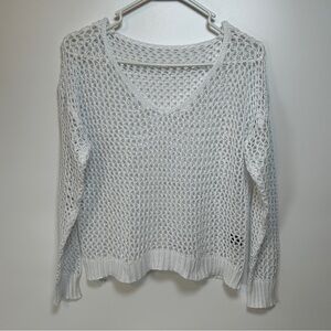 White Open Knit V-Neck Sweater Size M Boho Mesh Fishnet Crochet Pullover